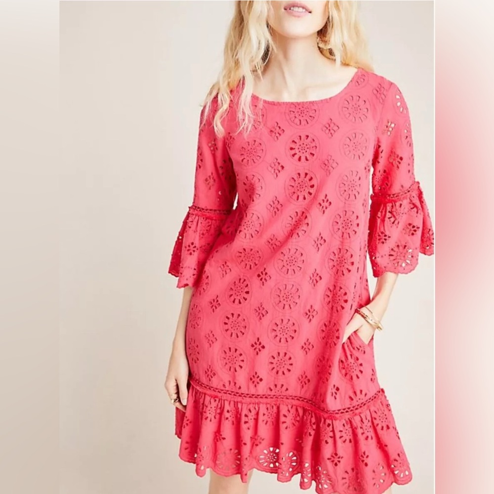 Anthropologie Size 4 Romantic Dani Lace Tunic Dress Pink Cotton Eyelet Vibrant
